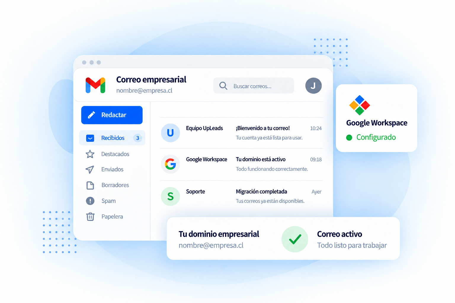 Interfaz de correo empresarial con Google Workspace configurado, dominio corporativo y correo activo