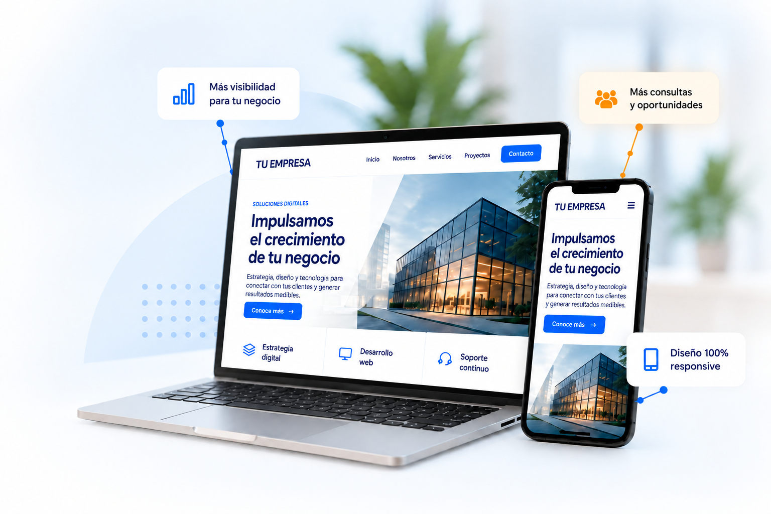 Sitio web corporativo mostrado en computador y smartphone