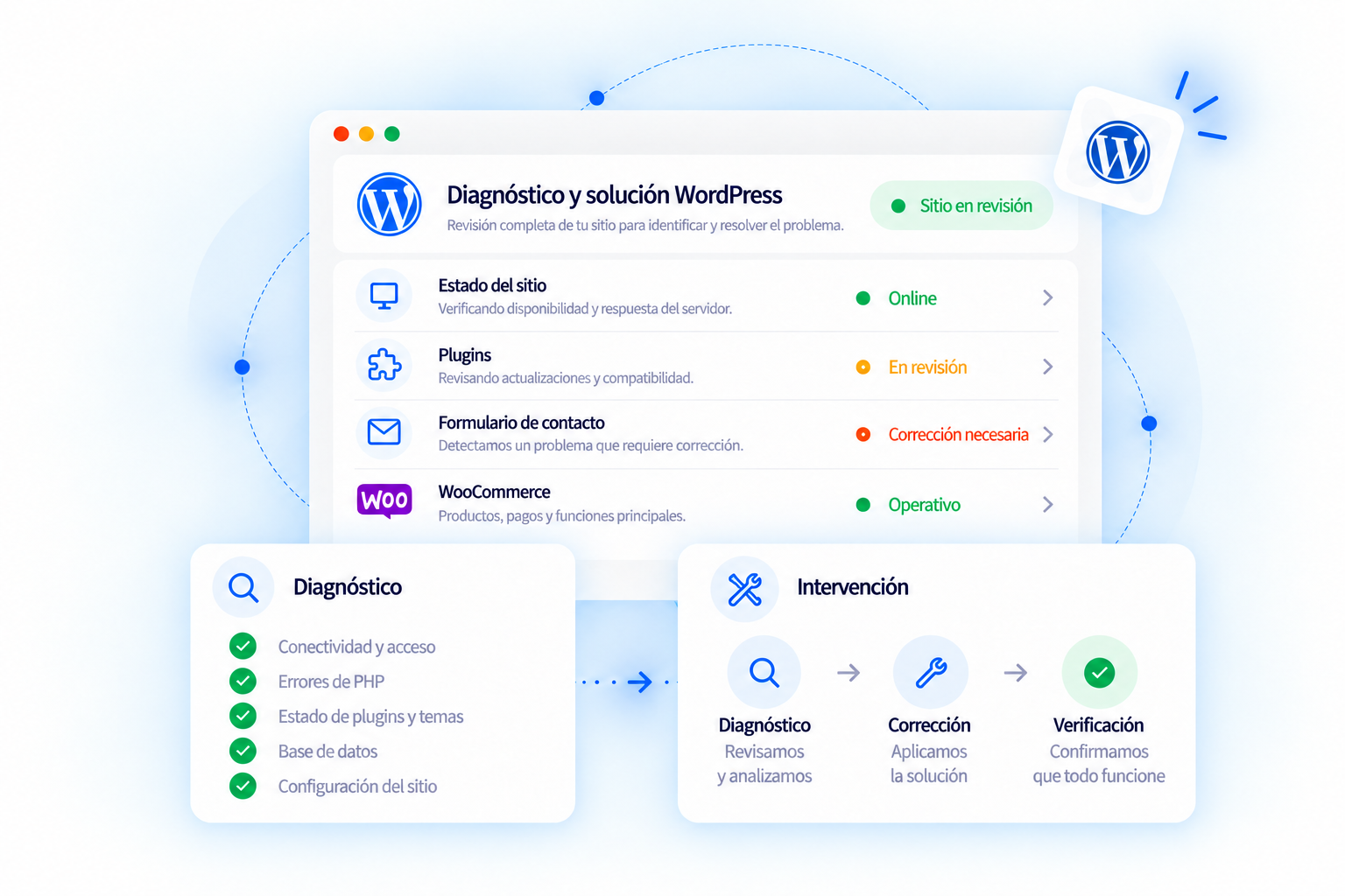 Panel de diagnóstico y solución WordPress de UpLeads